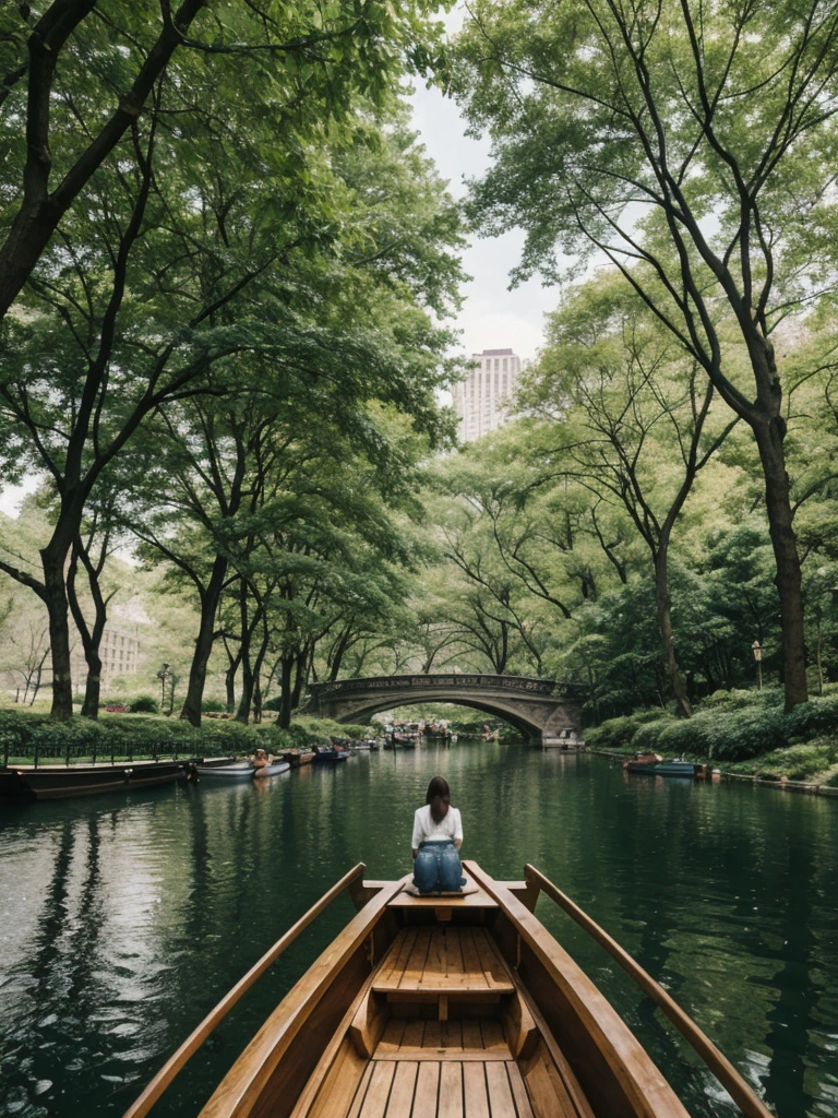 her name is Elle, high quality, 1girl, ((20-year-old fit Caucasian woman)), ((20 years old)), ((fit)), ((pale skin)), short length straight dark hair , wearing Deconstructed Denim Jacket + High-Waisted Utility Cargo Pants, pose: standing, background: Write about the tranquil setting of Central Park in New York City, where paths wind through lush greenery, rowboats glide across serene lakes, and skyscrapers peek through the trees.