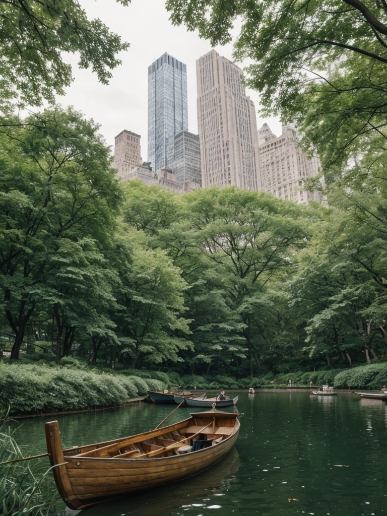 her name is Elle, high quality, 1girl, ((20-year-old fit Caucasian woman)), ((20 years old)), ((fit)), ((pale skin)), short length straight dark hair , wearing Deconstructed Denim Jacket + High-Waisted Utility Cargo Pants, pose: standing, background: Write about the tranquil setting of Central Park in New York City, where paths wind through lush greenery, rowboats glide across serene lakes, and skyscrapers peek through the trees.
