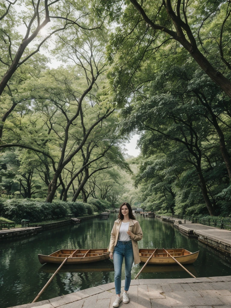 her name is Elle, high quality, 1girl, ((20-year-old fit Caucasian woman)), ((20 years old)), ((fit)), ((pale skin)), short length straight dark hair , wearing Deconstructed Denim Jacket + High-Waisted Utility Cargo Pants, pose: standing, background: Write about the tranquil setting of Central Park in New York City, where paths wind through lush greenery, rowboats glide across serene lakes, and skyscrapers peek through the trees.