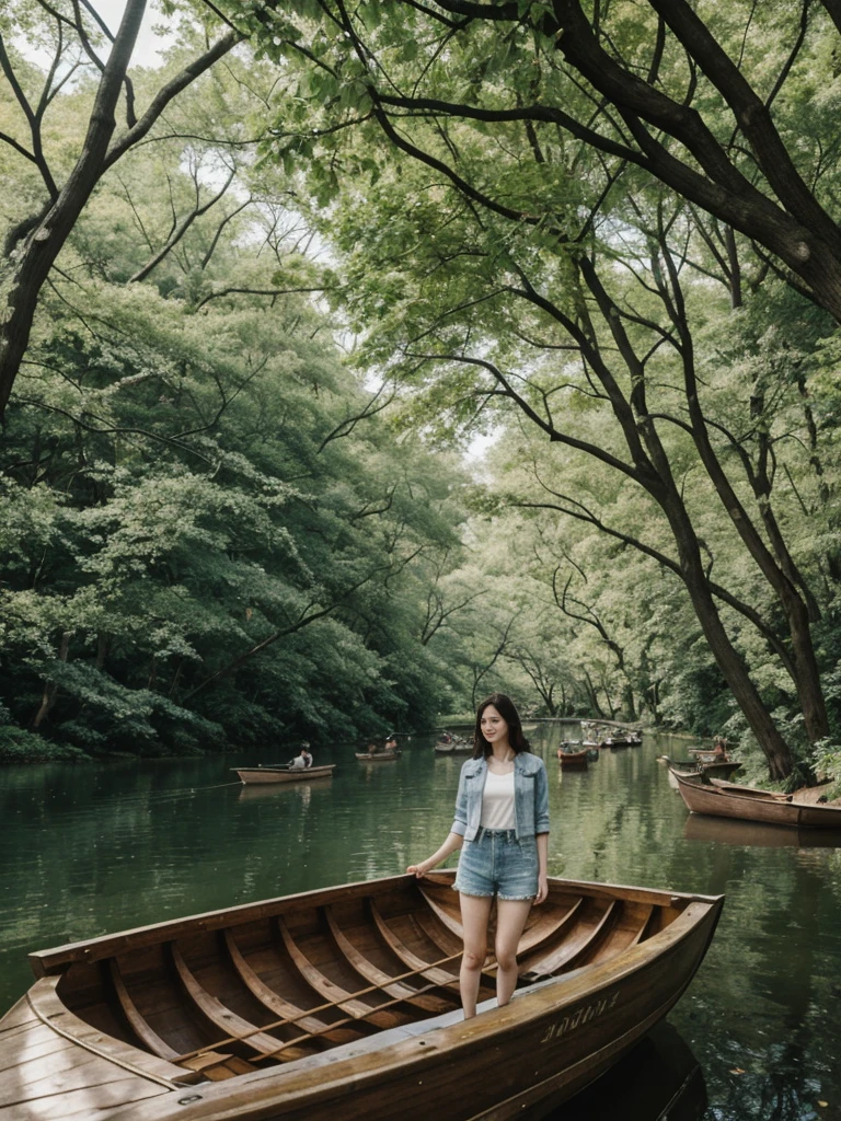 her name is Elle, high quality, 1girl, ((20-year-old fit Caucasian woman)), ((20 years old)), ((fit)), ((pale skin)), short length straight dark hair , wearing Deconstructed Denim Jacket + High-Waisted Utility Cargo Pants, pose: standing, background: Write about the tranquil setting of Central Park in New York City, where paths wind through lush greenery, rowboats glide across serene lakes, and skyscrapers peek through the trees.