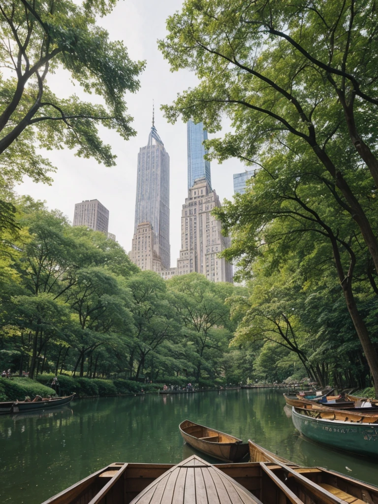 her name is Elle, high quality, 1girl, ((20-year-old fit Caucasian woman)), ((20 years old)), ((fit)), ((pale skin)), short length straight dark hair , wearing Deconstructed Denim Jacket + High-Waisted Utility Cargo Pants, pose: standing, background: Write about the tranquil setting of Central Park in New York City, where paths wind through lush greenery, rowboats glide across serene lakes, and skyscrapers peek through the trees.