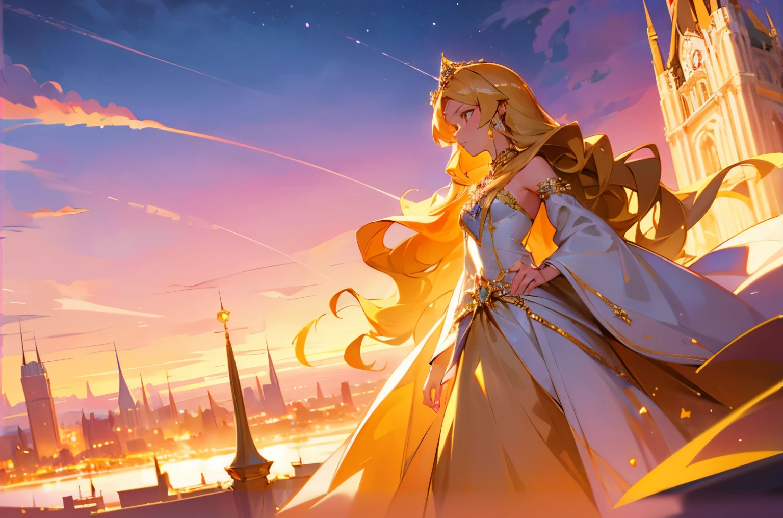 A young girl with a diamond tiara, long curly golden hair, wearing a evening dress, with a diamond ring on her finger, looking into the distance at a 45-degree angle. Royal castle, brilliant sky, anime style, high resolution, stunning, masterpiece.