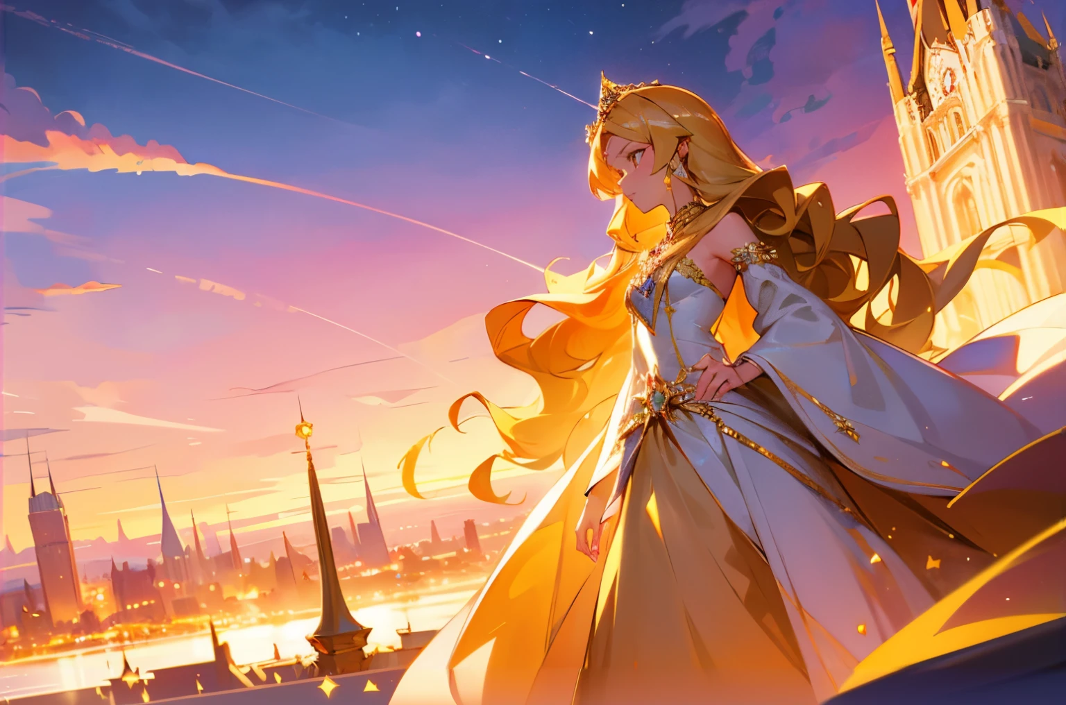 A young girl with a diamond tiara, long curly golden hair, wearing a evening dress, with a diamond ring on her finger, looking into the distance at a 45-degree angle. Royal castle, brilliant sky, anime style, high resolution, stunning, masterpiece.