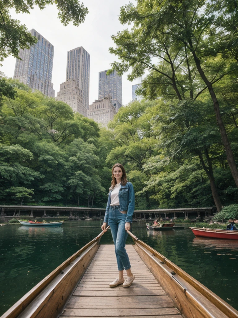 her name is Elle, high quality, 1girl, ((20-year-old fit Caucasian woman)), ((20 years old)), ((fit)), ((pale skin)), short length straight dark hair , wearing Deconstructed Denim Jacket + High-Waisted Utility Cargo Pants, pose: standing, background: Write about the tranquil setting of Central Park in New York City, where paths wind through lush greenery, rowboats glide across serene lakes, and skyscrapers peek through the trees.