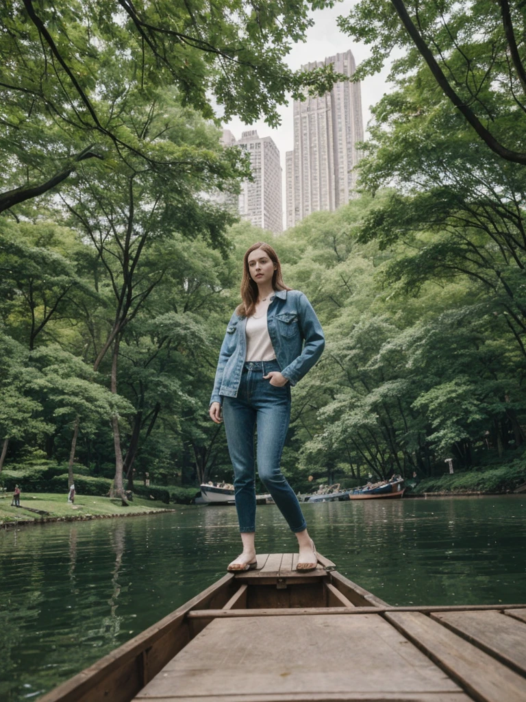 her name is Elle, high quality, 1girl, ((20-year-old fit Caucasian woman)), ((20 years old)), ((fit)), ((pale skin)), short length straight dark hair , wearing Deconstructed Denim Jacket + High-Waisted Utility Cargo Pants, pose: standing, background: Write about the tranquil setting of Central Park in New York City, where paths wind through lush greenery, rowboats glide across serene lakes, and skyscrapers peek through the trees.