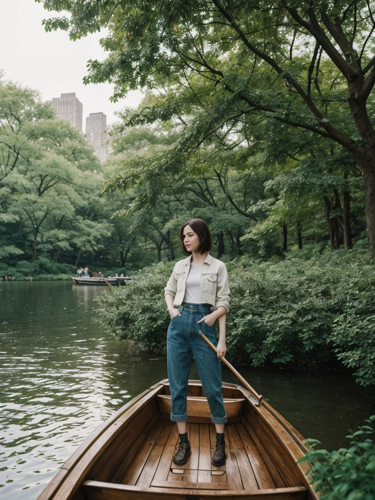 her name is Elle, high quality, 1girl, ((20-year-old fit Caucasian woman)), ((20 years old)), ((fit)), ((pale skin)), short length straight dark hair , wearing Deconstructed Denim Jacket + High-Waisted Utility Cargo Pants, pose: standing, background: Write about the tranquil setting of Central Park in New York City, where paths wind through lush greenery, rowboats glide across serene lakes, and skyscrapers peek through the trees.