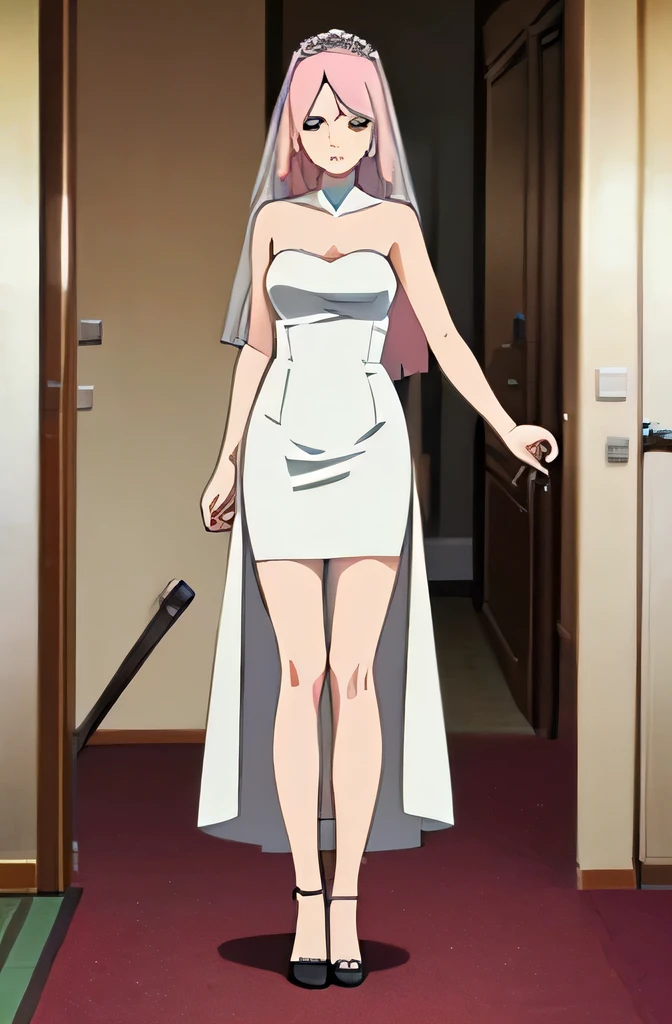 A beautiful girl with medium-sized breasts, slender legs, and a perfect body, with pink hair, wearing a wedding dress and a white veil, in a hotel room, holding the hand of a , full body shot