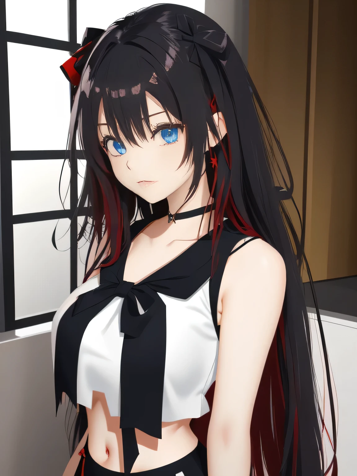 An anime-style character with red twin-tail hair styled with black ribbons. She has big blue eyes and a fair complexion. She's wearing a white crop to