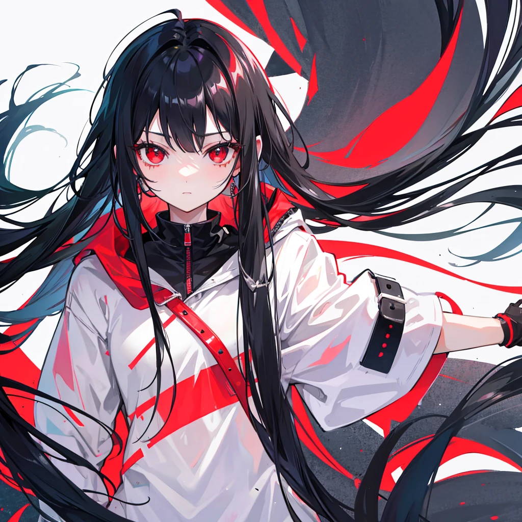 Long black hair teenage girl, cute, red eyes