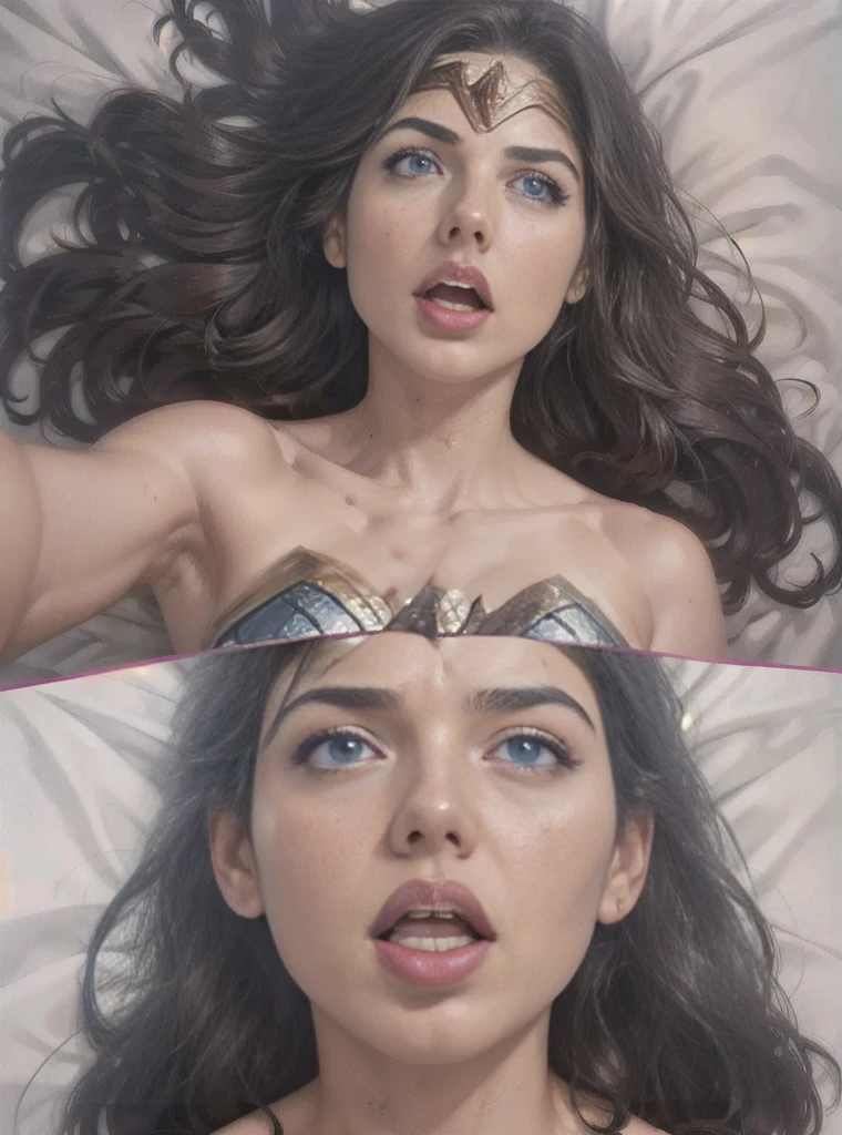 A woman,Gal Gadot as Wonder Woman,top views, Lying in bed,A pained expression on his face,Open your mouth and stick out your tongue,Lively expressions,Full and rich facial details,Keep your eyes open,Roll your eyes,Look upward with your eyes and tilt your head back,Messy hair,Call,Painful expressions,Eyes blue eyeballs turned upwards,Roll your eyes,Eye-to-eye,
