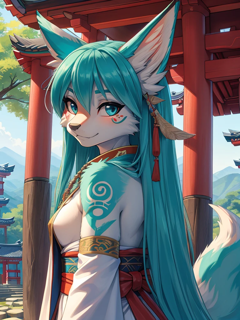 Miku Hatsune, high definition add_detail:1, blue fur,kitsune ears, tribal tattoo add_detail:1, pretty girl add_detail:1, feudal priestess clothing add_detail:1, japanese shrine landscape add_detail:1, japanese shrine costume add_detail:1