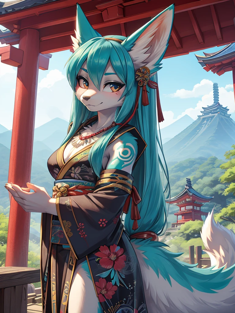 Miku Hatsune, high definition add_detail:1, blue fur,kitsune ears, tribal tattoo add_detail:1, pretty girl add_detail:1, feudal priestess clothing add_detail:1, japanese shrine landscape add_detail:1, japanese shrine costume add_detail:1