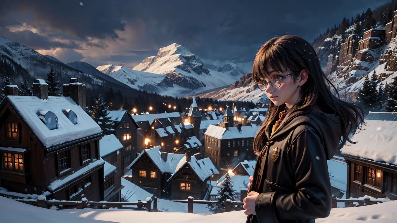 snow weather front view of harry potter school view, harry potter school view, 