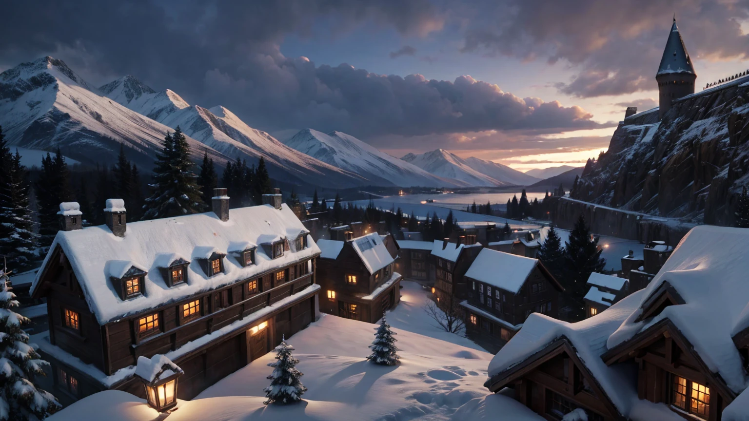 snow weather front view of harry potter school view, harry potter school view,