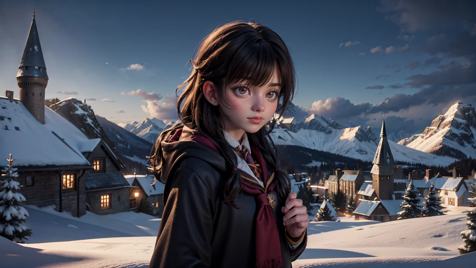 snow weather front view of harry potter school view, harry potter school view,