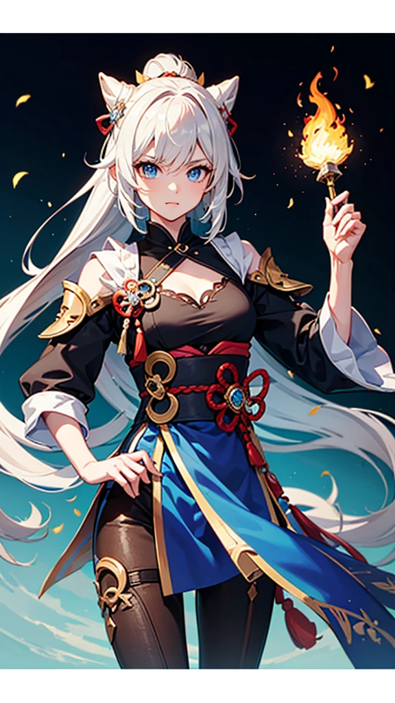 genshin impact style character, anime style, coming from Natlan, androgynous and handsome chico, femboy, White hair, blue eyes, pyro vision hanging from a handkerchief he holds in his hand, In his other hand he holds a spear, her long hair worn in a bun is decorated with flowers, surrounded by flowers, fondo de pantalla 4k de high quality, rendering, rendering super detailed, 2D, super detailed, high quality