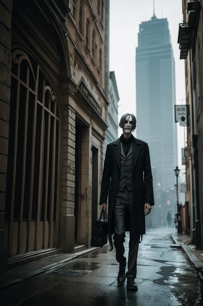 A tall ghoulish thin man in worn-out clothes walking through a ghoulish city