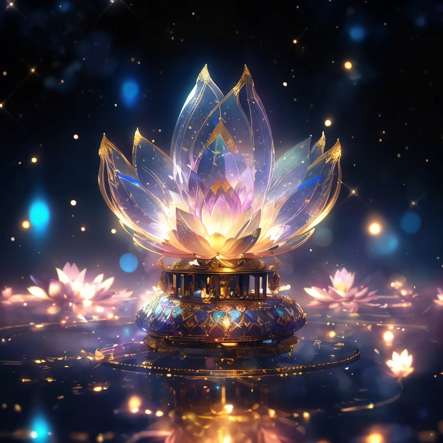 There is a gold and blue flower,There are many lights in the background, sitting on a lotus flower, Glowing delicate flowers, lotus, gilded lotus princess, Ethereal hologram center, Concept Art Magic Highlights, lotus flower, The sacred place of the universe in mythology, Epic Concept Art. Bokeh, floating symbols and crystals, Stunning fantasy 3D rendering, Background artwork, 3D rendering of beeple