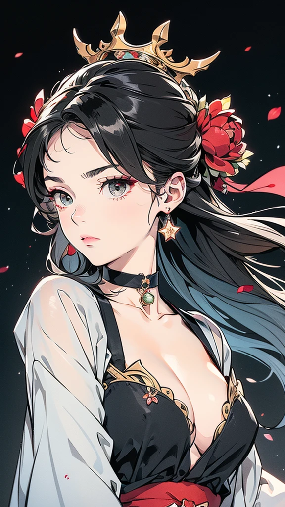 Seven Rhaeyar (Deylta), Ancient Star goddess, Perfect female anatomy (Royalty, Adult Female, 166cm in height, Cool pale skin, slim, slender, 34D breast size, Long Jet Black Hair, Gray Colored Iris , a set of Jet black colored horns on her head), Neutral facial expression, Elegant black uniform dress, female choker accessory with silver complimentary jewelry, dragon motifs, Black rope accessories, Simple Black Background, receiving light from the front, Slightly focusing on her face up close, Ethereal glow, Red Rose petals falling, Japanese inspired, Close up view
