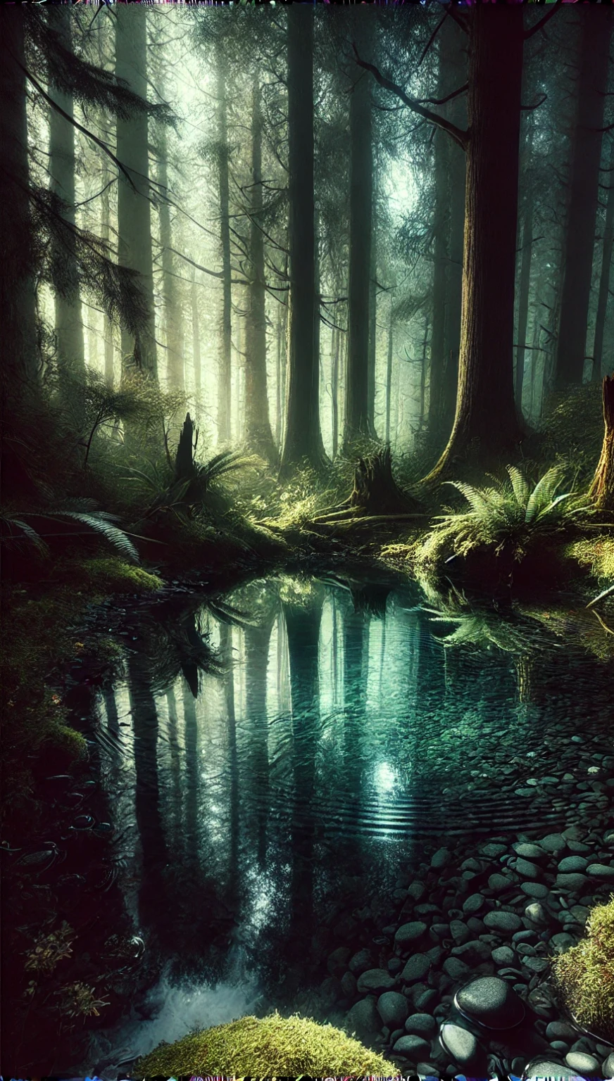 A beautiful yet eerie scene featuring a small, crystal-clear pool of water in the middle of a dense, mystical forest. The pool reflects the surrounding tall trees and lush greenery, but the atmosphere is unsettling. The water is so clear that you can see the smooth pebbles and small aquatic plants at the bottom, yet the reflections seem slightly distorted. Ferns and moss grow around the edges of the pool, but there are also dark, twisted roots and shadowy figures lurking in the background. The soft rays of sunlight filtering through the canopy cast long, haunting shadows. Tiny, delicate flowers bloom nearby, but their colors are muted and ghostly. Gentle ripples on the water's surface create a sense of unease and otherworldly presence. --ar 9:16
