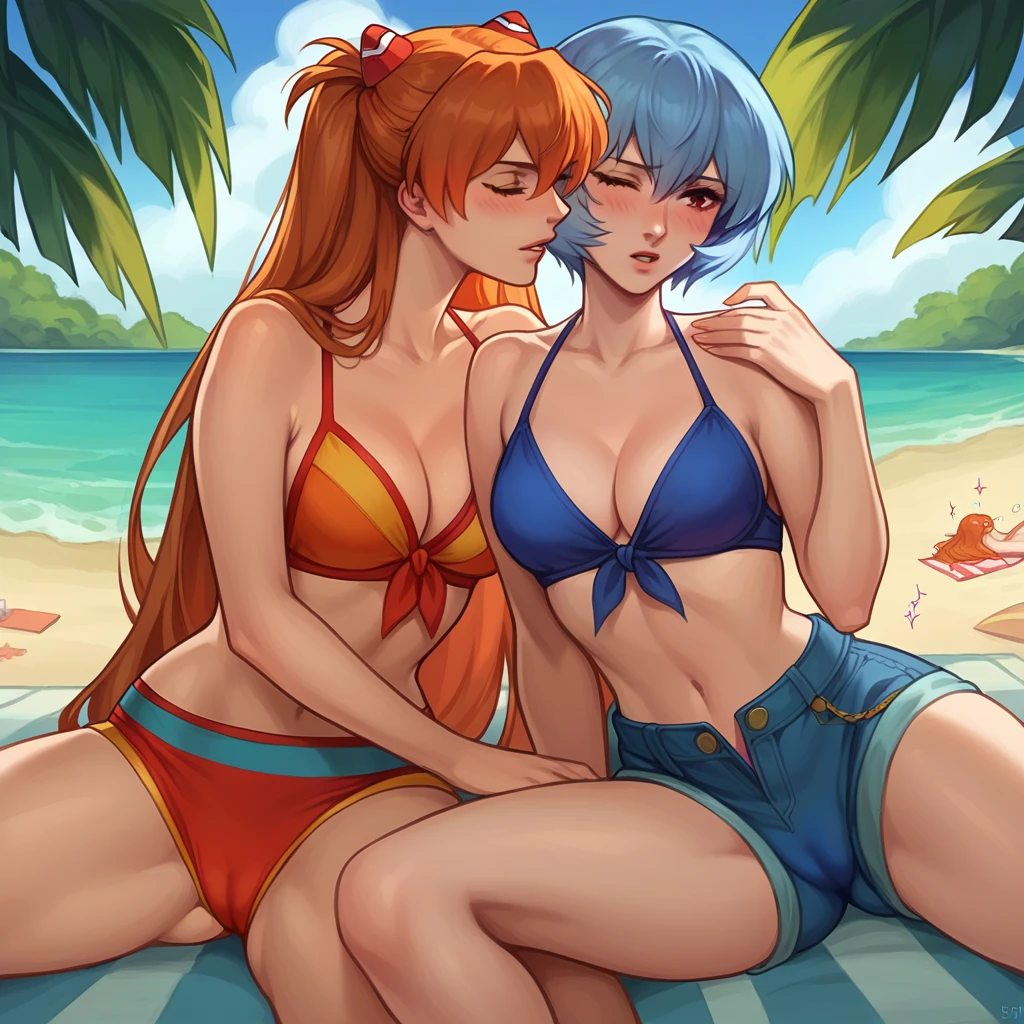 score_9, score_8_up, score_8_up, source_anime, sequence, comic, 8-panel, 2girls, (Asuka Langley Soryu, orange hair, long flowing hair:1.0), (Rei Ayanami, blue hair, short bob hair:1.0), yuri, girlfriends, lovers, hair ornament, flowing hair, cleavage, bikini top, shorts, beach, outdoors, innocent face, blush, cameltoe.