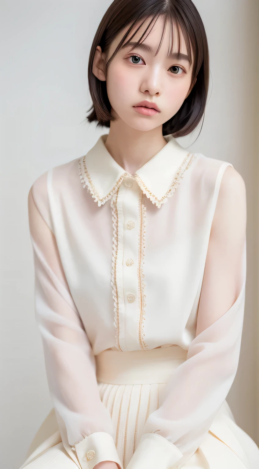 1人, (Full body), Unknown , detailed clothes, (delicate illustration:1.4),(masutepiece:1.0), (Best Quality:1.4), (超A high resolution:1.2), (Photorealistic:1.4), (8K, Raw photo:1.2), (Soft Focus:1.4), (18year old:1.3), (Sharp Focus:1.4), (Renaissance art:1.4), Detailed beautiful face, (Blouse with white collar), sitting on