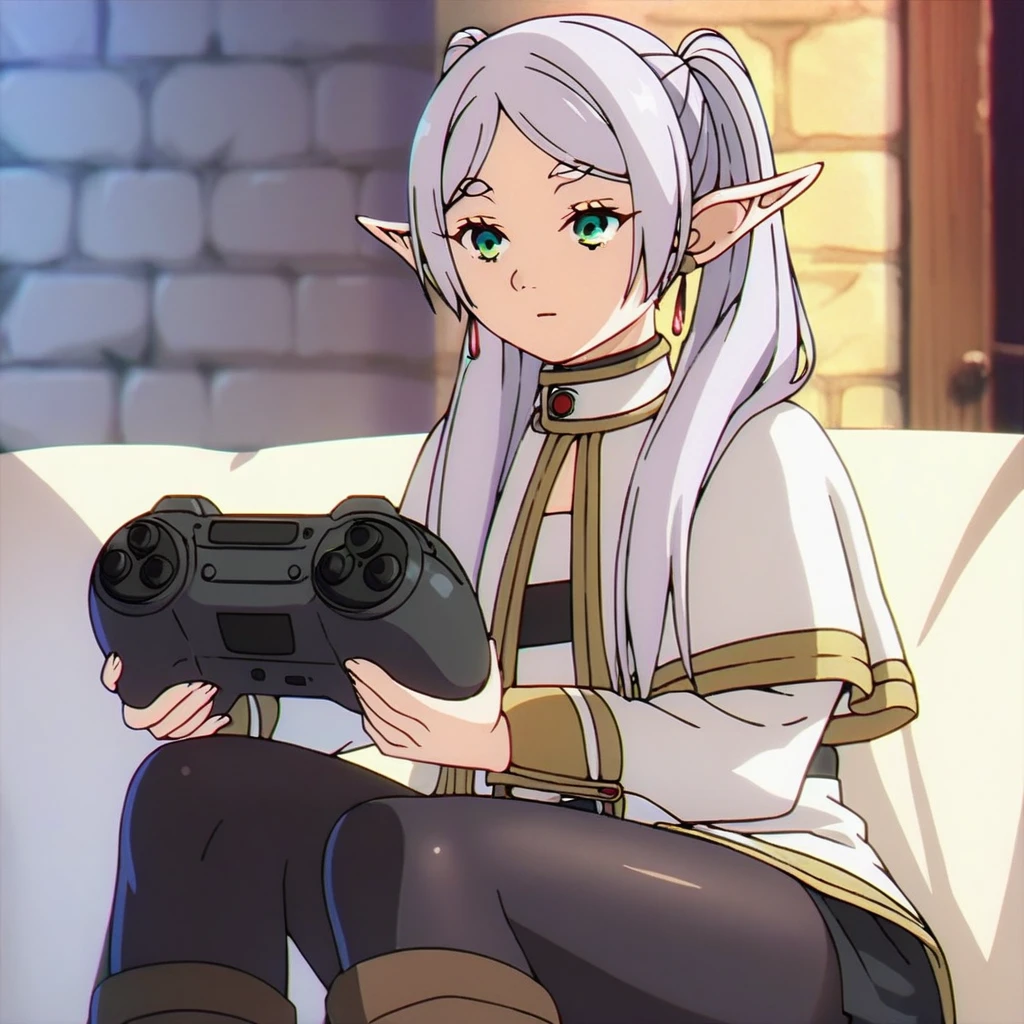 1girl, sfrieren, solo, elf, pointy ears, silver hair, white hair, green eyes, small breasts, flat chest, BREAK
robe, black pantyhose, brown boots, belt, capelet, upper body, sitting, BREAK
holding a videogame controller, holding, sit, sitting on a puff, puff, BREAK
score_9, score_8_up, score_7_up, score_6_up, anime,
(high quality, detailed, beautiful), shiny, detailed beautiful eyes, outstanding, countershading, detailed soft lighting