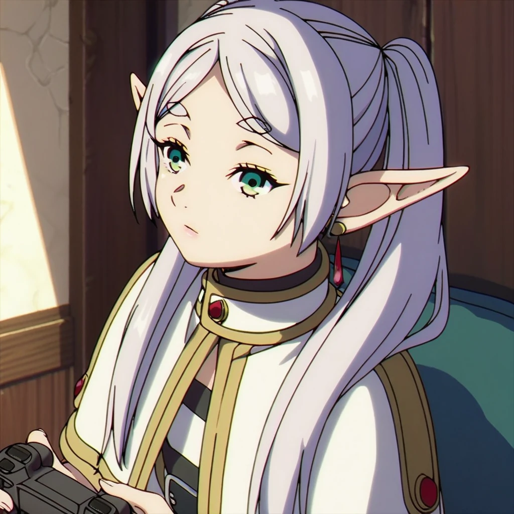 1girl, sfrieren, solo, elf, pointy ears, silver hair, white hair, green eyes, small breasts, flat chest, BREAK
robe, black pantyhose, brown boots, belt, capelet, upper body, sitting, BREAK
holding a videogame controller, holding, sit, sitting on a puff, puff, BREAK
score_9, score_8_up, score_7_up, score_6_up, anime,
(high quality, detailed, beautiful), shiny, detailed beautiful eyes, outstanding, countershading, detailed soft lighting