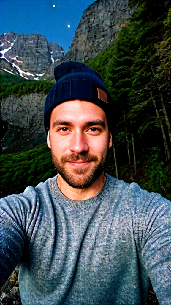 Real photograph, photo of attractive 30yo man, selfie, upper body, solo, wearing pullover, outdoors, (night), mountains, real life nature, nebula and stars, moon, cheerful, happy, sweater, beanie, forest, rocks, river, wood, muscular hairy chest, hairy pubic, fog, staring at camera, skin texture, photo grain, close up, RAW photo