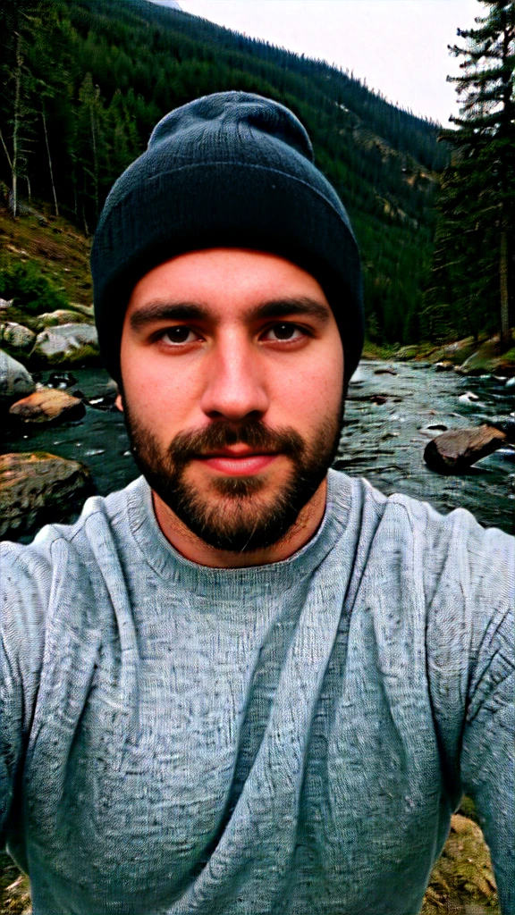 Real photograph, photo of attractive 30yo man, selfie, upper body, solo, wearing pullover, outdoors, (night), mountains, real life nature, nebula and stars, moon, cheerful, happy, sweater, beanie, forest, rocks, river, wood, muscular hairy chest, hairy pubic, fog, staring at camera, skin texture, photo grain, close up, RAW photo