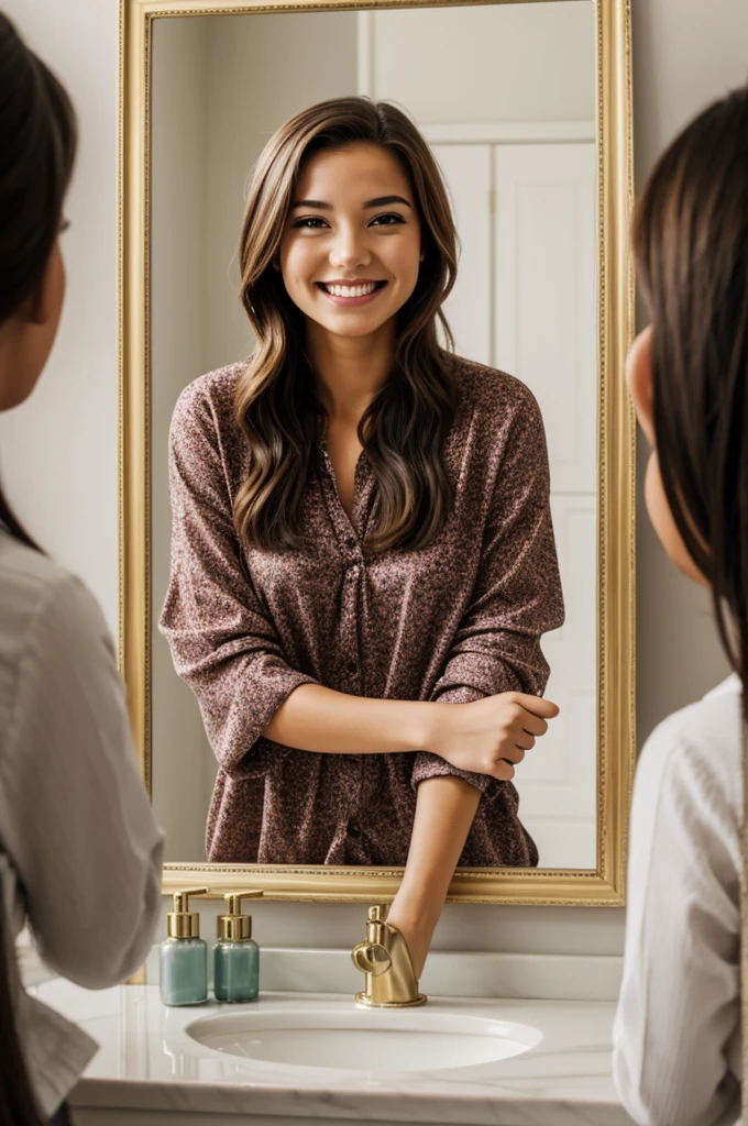 A young looking woman smiling in front of the mirror