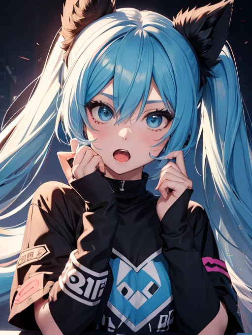 Miku Hatsune, high definition add_detail:1, blue fur,kitsune ears, tribal tattoo add_detail:1 cute high school clothes, pretty girl add_detail:3 18 year old girl, short black lycra, black metal t shirt, flirty look add_detail:3, hands rock sign, shouting add_detail:1, singing girl, screaming girl