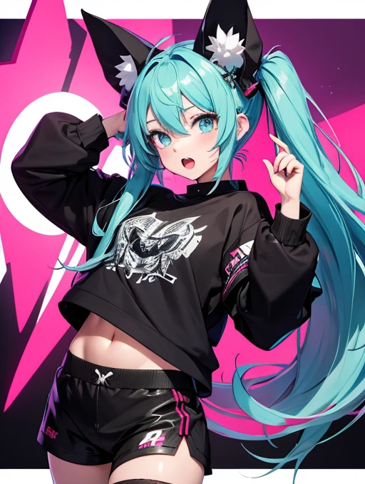 Miku Hatsune, high definition add_detail:1, blue fur,kitsune ears, tribal tattoo add_detail:1 cute high school clothes, pretty girl add_detail:3 18 year old girl, short black lycra, black metal t shirt, flirty look add_detail:3, hands rock sign, shouting add_detail:1, singing girl, screaming girl