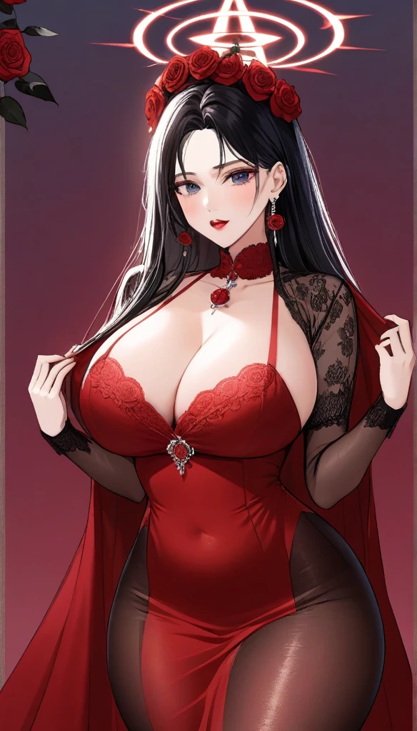 ((Masterpiece, Highest quality)), perfectly proportions，CharacterDesignSheet，full bodyesbian, Full of details, White background，Dark style，Beautiful women，Gradient hair color，Vampires，Detailed eyes, ssee-through，Red wedding dress，rose background，lacepantyhose，Rose decoration，High Balance, Overhead halo，Natural light,big breasts, long earrings 