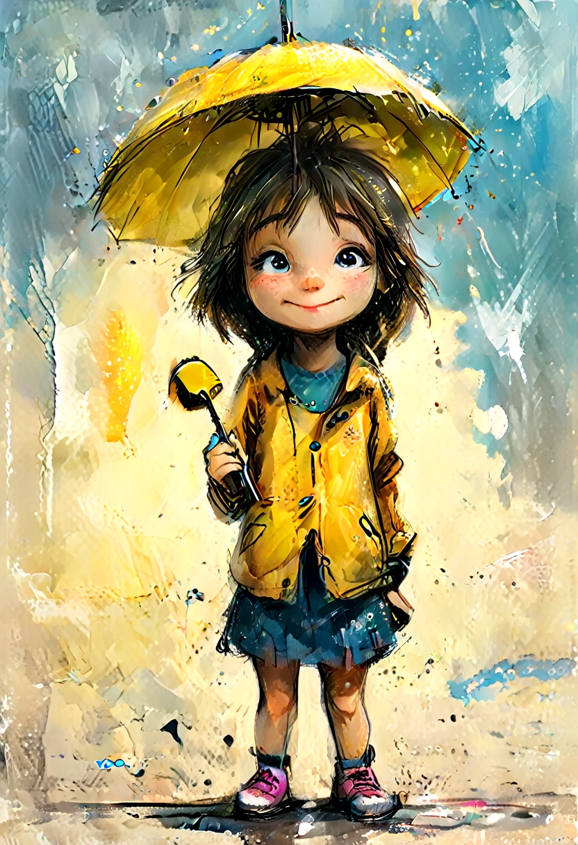 impactful colorful painting of a cute drawing of a girl, the holds a yellow umbrella, highy detailed, 8K, Spitz, proffesional, clearing, hight contrast, crystal clearing