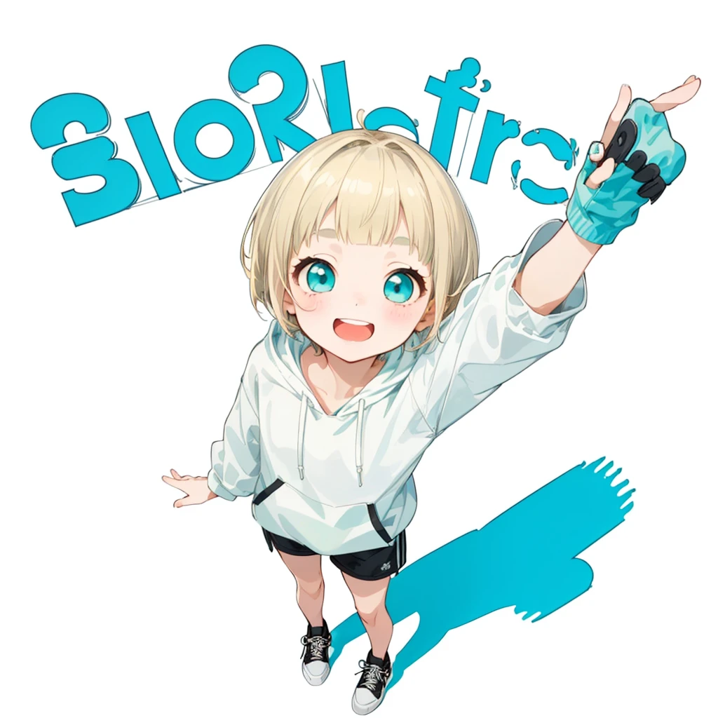 First Job, Better Quality, 1. garota Laughter, Short Mash Hair、Short Hair、Blonde Hair Color、Turquoise Eyes、White hoodie、Black hot pants、Black sneakers、, Little , Little, Laughter (Solo Girl)、Looking up、The camera is from above、The front hair is straight、Please draw the fingers in detail