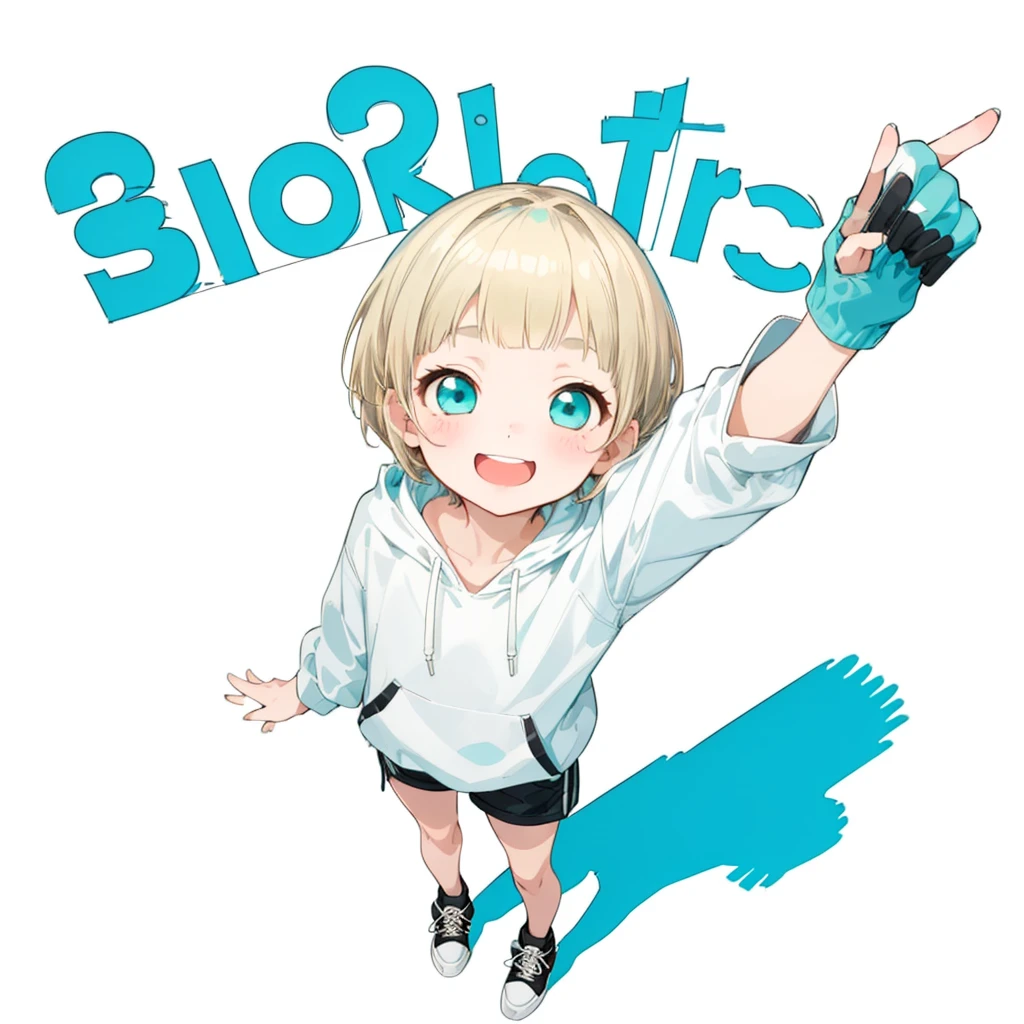 First Job, Better Quality, 1. garota Laughter, Short Mash Hair、Short Hair、Blonde Hair Color、Turquoise Eyes、White hoodie、Black hot pants、Black sneakers、, Little , Little, Laughter (Solo Girl)、Looking up、The camera is from above、The front hair is straight、Please draw the fingers in detail