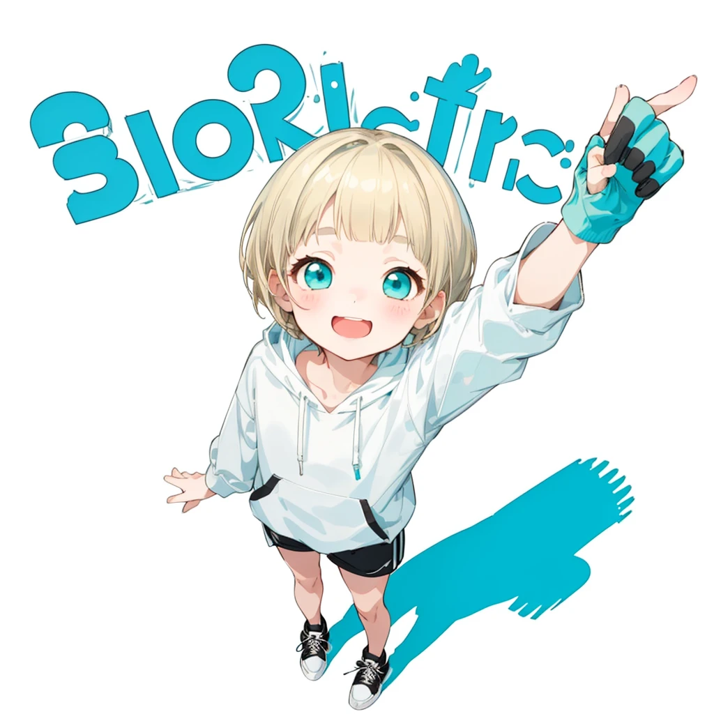 First Job, Better Quality, 1. garota Laughter, Short Mash Hair、Short Hair、Blonde Hair Color、Turquoise Eyes、White hoodie、Black hot pants、Black sneakers、, Little , Little, Laughter (Solo Girl)、Looking up、The camera is from above、The front hair is straight、Please draw the fingers in detail