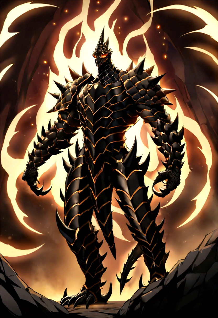 Original Kaiju armor form of a human, sharp, obsidian-like plates that overlap like armor, Elongated and somewhat reptilian head, with a pronounced crest of jagged obsidian spikes running from the forehead to the back of the neck. Four glowing, amber eyes are set deep in the skulls, arms with massive claws and blades, feet have three large, taloned toes, A long, whip-like tail ending in a mace-like cluster of obsidian spike, orange lines and aura in between armor. HD