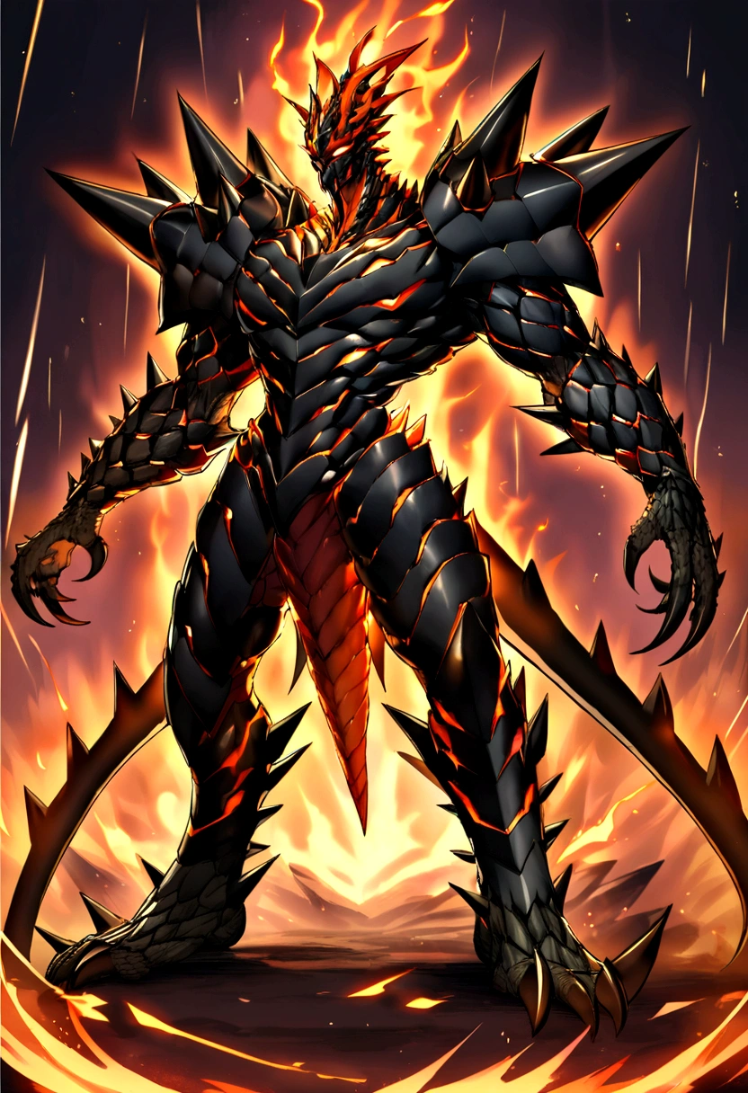 Original Kaiju armor form of a human, sharp, obsidian-like plates that overlap like armor, Elongated and somewhat reptilian head, with a pronounced crest of jagged obsidian spikes running from the forehead to the back of the neck. Four glowing, amber eyes are set deep in the skulls, arms with massive claws and blades, feet have three large, taloned toes, A long, whip-like tail ending in a mace-like cluster of obsidian spike, orange lines and aura in between armor. HD