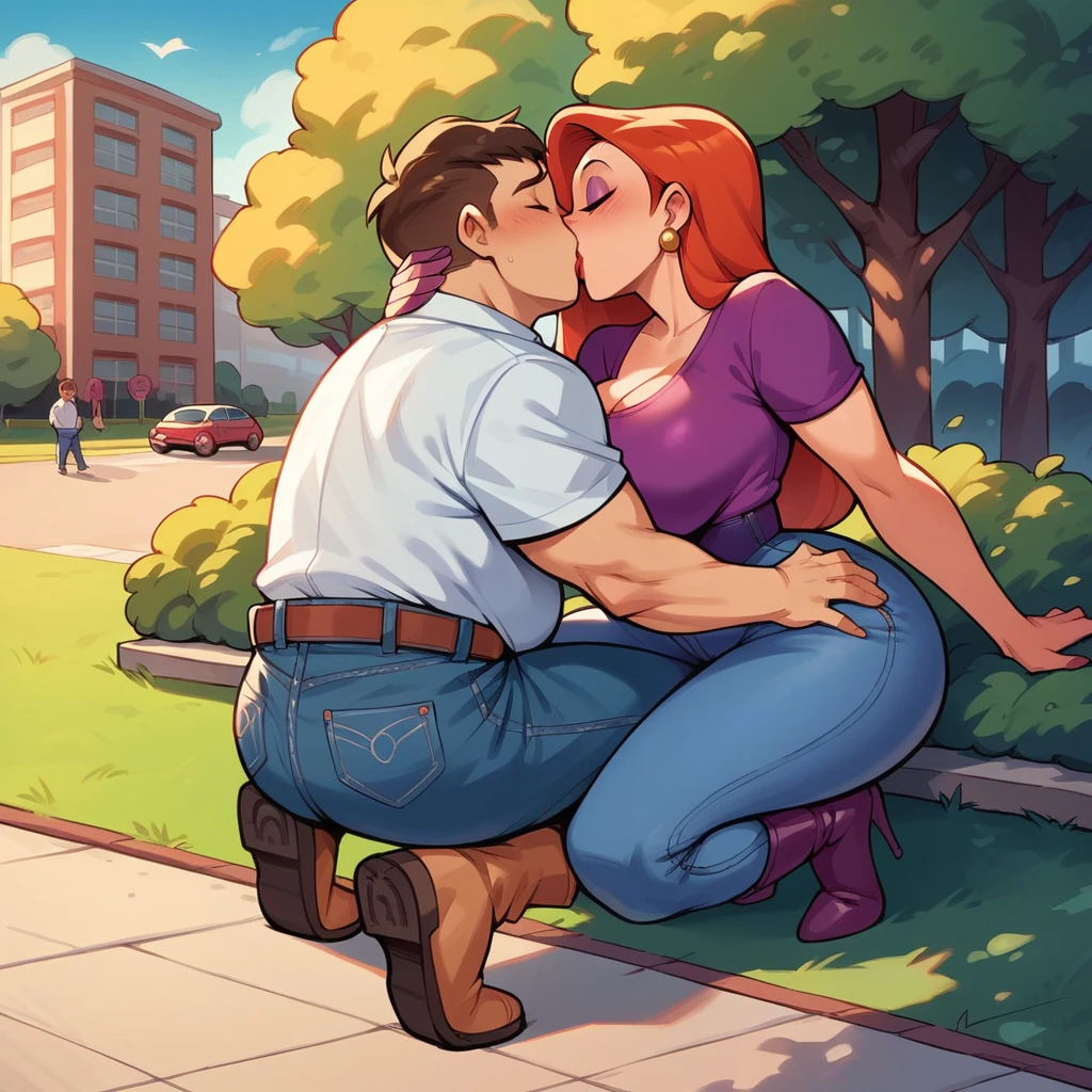 Jessica Rabbit is kissing passionately with a fat boy, she has  and a big ass, shears a top and jeans and boots, he wears a polo shirt and jeans, she is happy, park, night