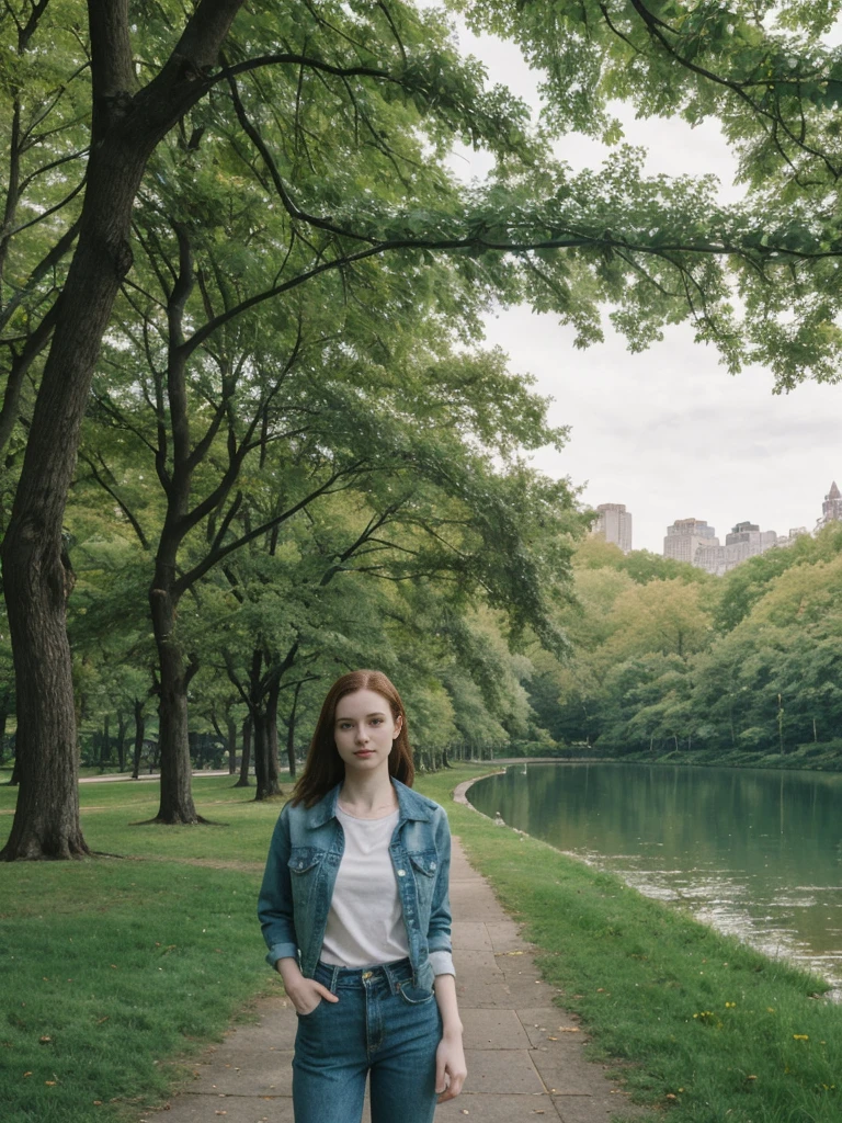 her name is Elle, high quality, 1girl, ((20-year-old fit Caucasian woman)), ((20 years old)), ((fit)),((hourglass bodys shape)),((medium_round_breasts)), ((pale skin)), Beachy Waves auburn hair , wearing Cobalt Blue Mock Neck Crop Top + High-Waisted Burgundy Velvet Pants, pose: standing, background: Highlight the scenic beauty of Minneapolis' Chain of Lakes, with their interconnected parkways, biking trails, and the skyline visible from the serene waters.