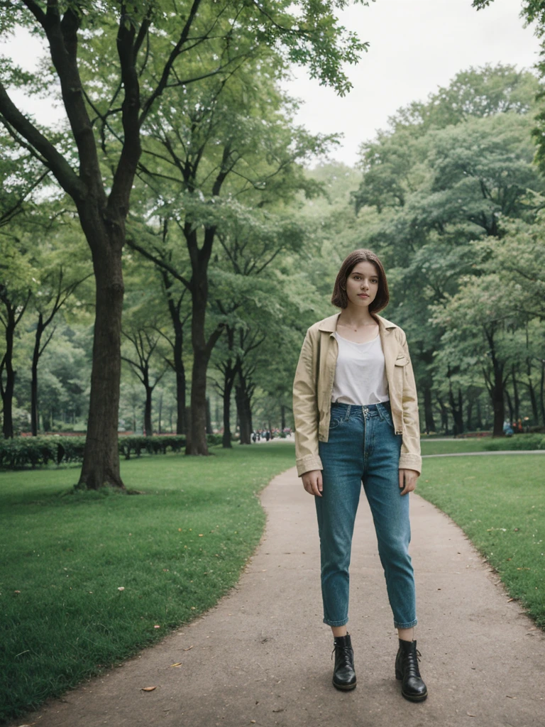 her name is Elle, high quality, 1girl, ((20-year-old fit Caucasian woman)), ((20 years old)), ((fit)), ((pale skin)), short length straight dark hair , wearing Deconstructed Denim Jacket + High-Waisted Utility Cargo Pants, pose: standing, background: Write about the tranquil setting of Central Park in New York City, where paths wind through lush greenery, serene lakes, and skyscrapers peek through the trees.