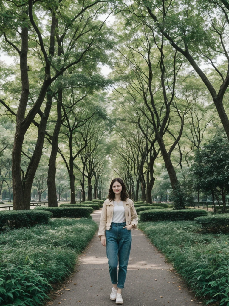 her name is Elle, high quality, 1girl, ((20-year-old fit Caucasian woman)), ((20 years old)), ((fit)), ((pale skin)), short length straight dark hair , wearing Deconstructed Denim Jacket + High-Waisted Utility Cargo Pants, pose: standing, background: Write about the tranquil setting of Central Park in New York City, where paths wind through lush greenery, serene lakes, and skyscrapers peek through the trees.