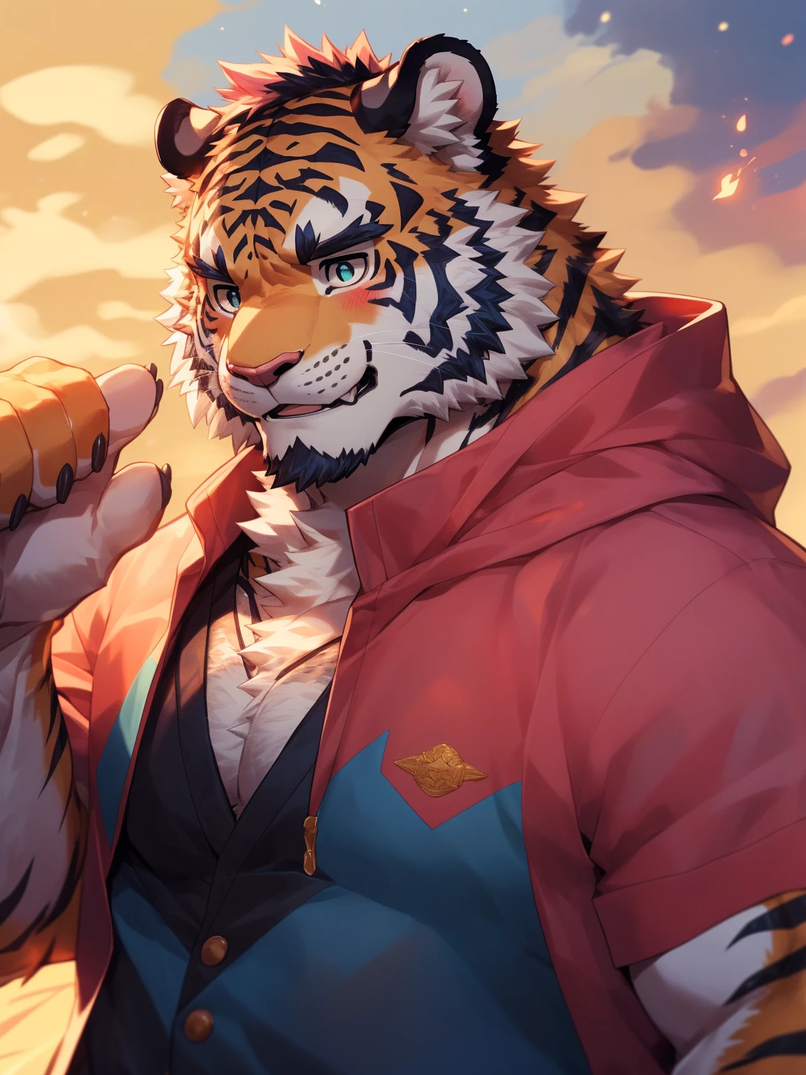(Imagine:1.5), solitary, anthropology, hairy, hairy male, tiger, ((Fluffy fur, Fluffy, hairy body)), (Snow leopard print), (thick eyebrows), youth, muscular, The skin is white and big, Blue-gray pupils, Detailed teeth, , sideways, 害羞expression, 淡淡的Smile, blush, (動態posture:1.5), clear facial features, strong, majestic, solitary, panoramic, Fog atmosphere, early morning, Tyndall light effect, (author：ghost of emptiness, From tiger20, masterpiece, high quality, High resolution,8K)Animal species**：tiger - **color**：black and white - **expression**：Smile，blush - **decorate**：Blue and pink wreath - **posture**：lying down，Hand reaching for the camera - **Scenes**：green grassland - **detail**：草原上有各式color的小花 - **visual angle**：俯視 - tiger躺在草地上，從俯visual angle度看過去。 - tiger的頭部微微傾斜，臉上帶著Smile，There is a slight blush on the cheeks。 - One hand reaches towards the camera，Seems to be greeting the audience。 - Wearing a wreath of blue and pink flowers on her head。 - 草地上有各種color的小花，background soft tones，Bright colors。(Pink sweatshirt:)Male Male Male Male (Looking down from a distance:1.2) (night:1 .2) (firefly:1.2)
