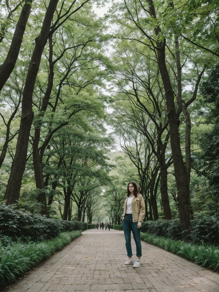 her name is Elle, high quality, 1girl, ((20-year-old fit Caucasian woman)), ((20 years old)), ((fit)), ((pale skin)), short length straight dark hair , wearing Deconstructed Denim Jacket + High-Waisted Utility Cargo Pants, pose: standing, background: Write about the tranquil setting of Central Park in New York City, where paths wind through lush greenery, serene lakes, and skyscrapers peek through the trees.