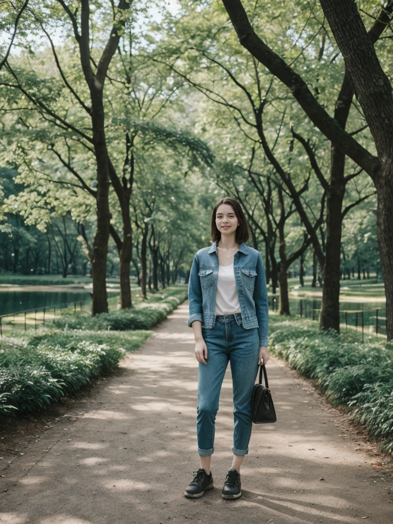 her name is Elle, high quality, 1girl, ((20-year-old fit Caucasian woman)), ((20 years old)), ((fit)), ((pale skin)), short length straight dark hair , wearing Deconstructed Denim Jacket + High-Waisted Utility Cargo Pants, pose: standing, background: Write about the tranquil setting of Central Park in New York City, where paths wind through lush greenery,  serene lakes, and skyscrapers peek through the trees.