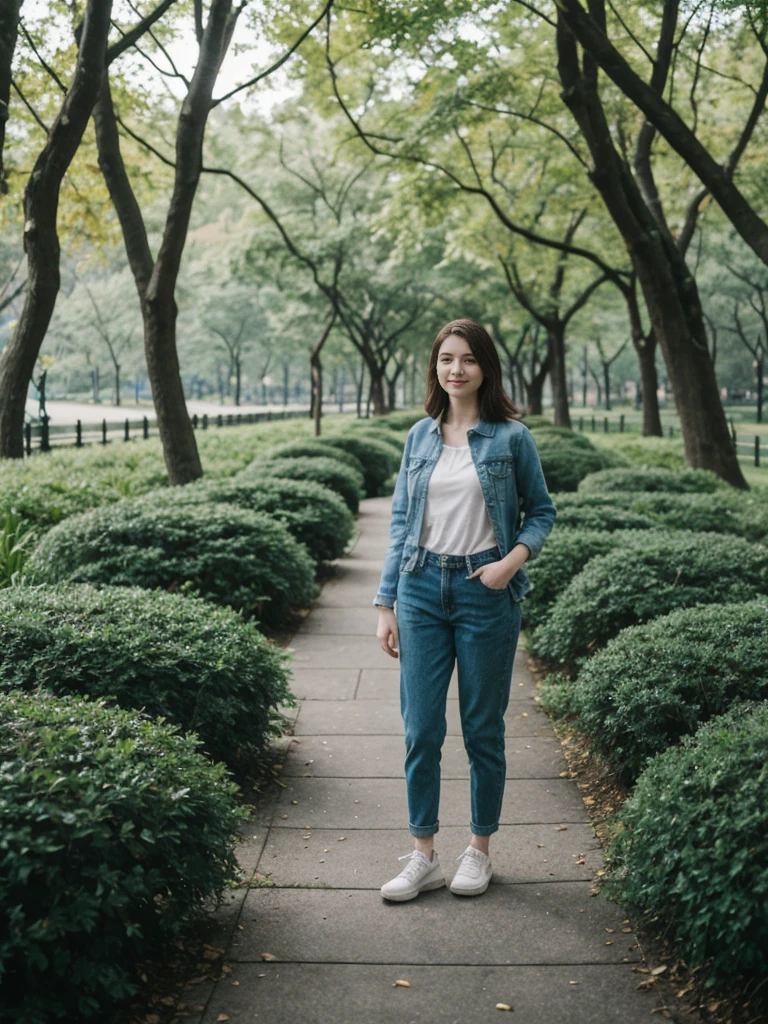 her name is Elle, high quality, 1girl, ((20-year-old fit Caucasian woman)), ((20 years old)), ((fit)), ((pale skin)), short length straight dark hair , wearing Deconstructed Denim Jacket + High-Waisted Utility Cargo Pants, pose: standing, background: Write about the tranquil setting of Central Park in New York City, where paths wind through lush greenery,  serene lakes, and skyscrapers peek through the trees.