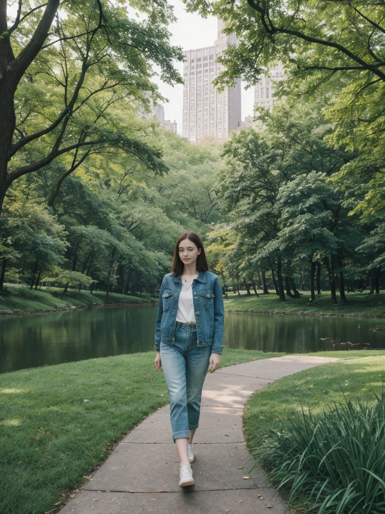 her name is Elle, high quality, 1girl, ((20-year-old fit Caucasian woman)), ((20 years old)), ((fit)), ((pale skin)), short length straight dark hair , wearing Deconstructed Denim Jacket + High-Waisted Utility Cargo Pants, pose: standing, background: Write about the tranquil setting of Central Park in New York City, where paths wind through lush greenery, serene lakes, and skyscrapers peek through the trees.
