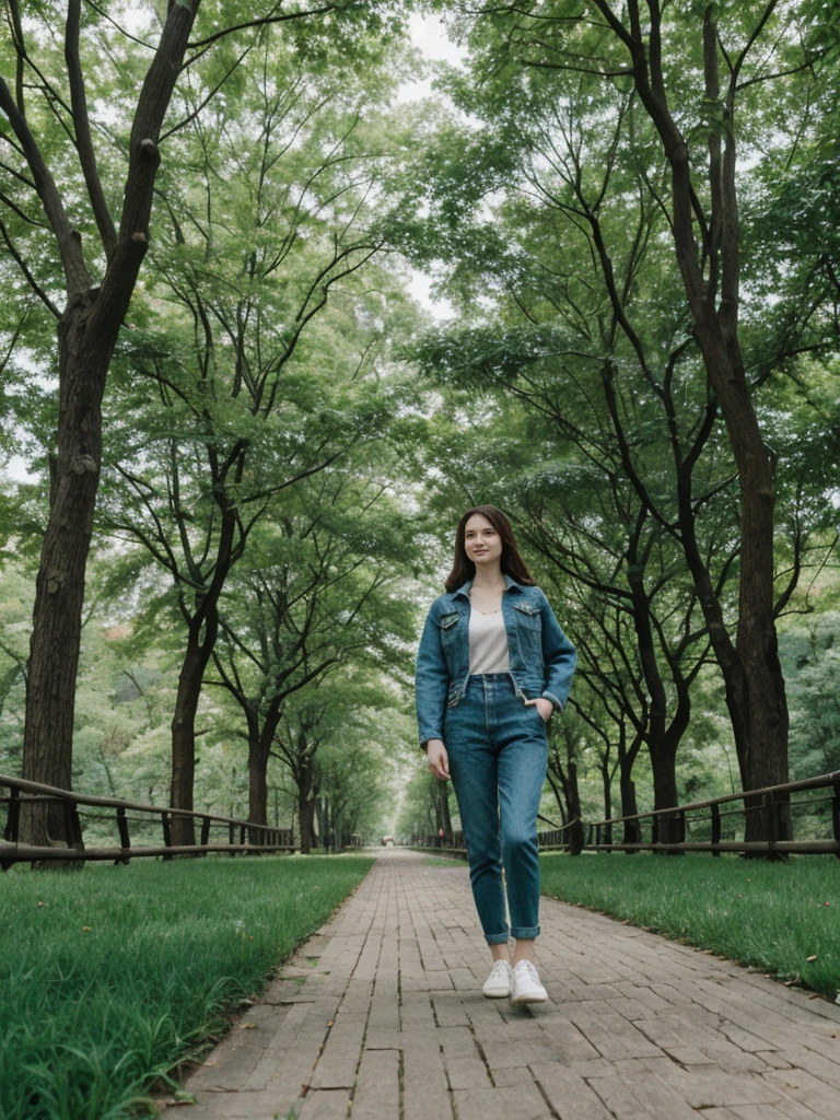 her name is Elle, high quality, 1girl, ((20-year-old fit Caucasian woman)), ((20 years old)), ((fit)), ((pale skin)), short length straight dark hair , wearing Deconstructed Denim Jacket + High-Waisted Utility Cargo Pants, pose: standing, background: Write about the tranquil setting of Central Park in New York City, where paths wind through lush greenery, serene lakes, and skyscrapers peek through the trees.